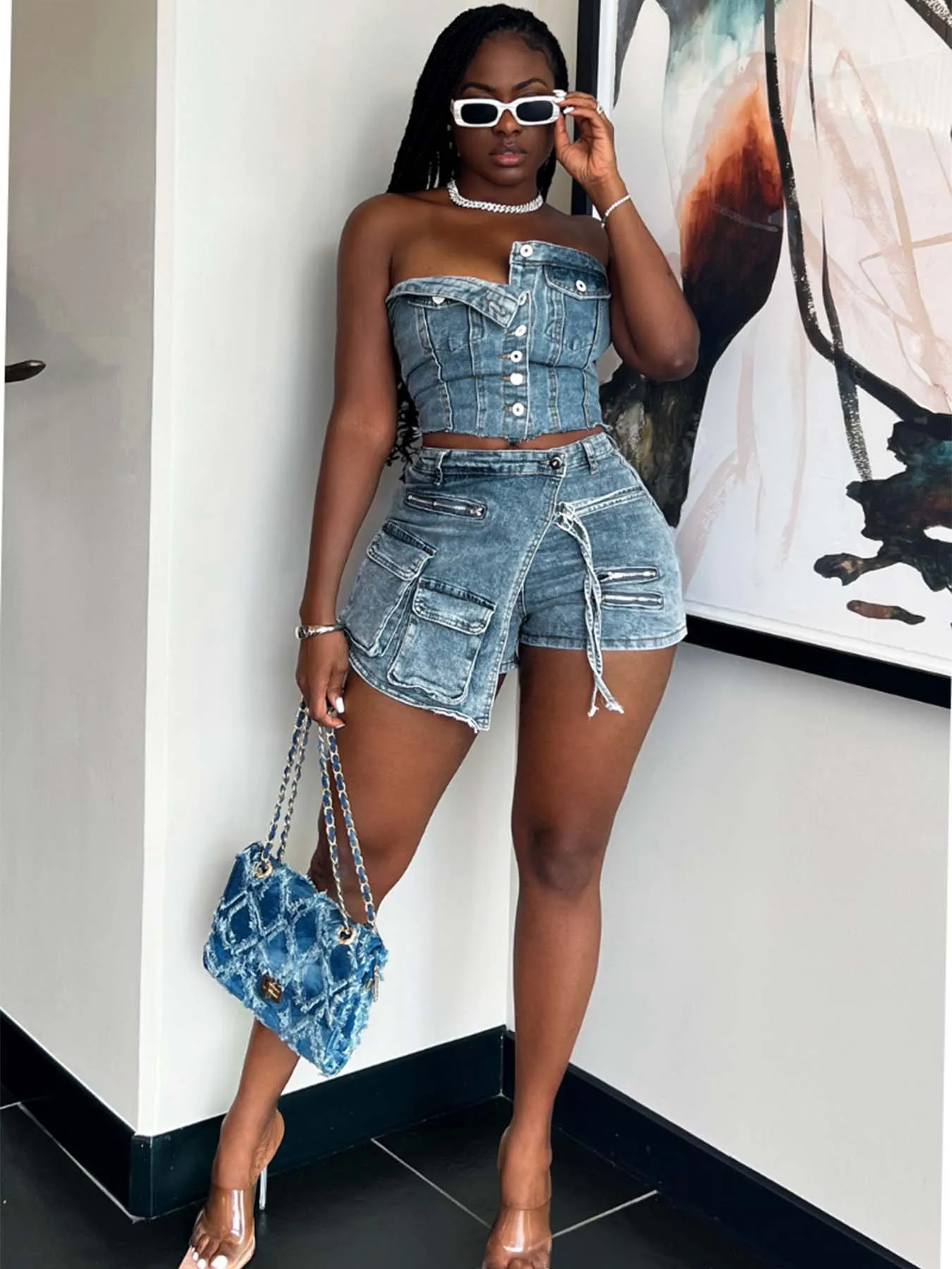 OJW052154 Summer casual two pieces short set with tube top and denim cargo shorts