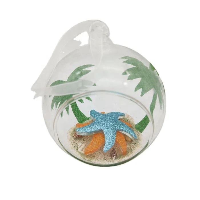 100 Wholesale Clear Glass Christmas Ball Ornaments Painted Glitter Coconut Tree Open Glass Xmas Ball With Sea Beach Starfish