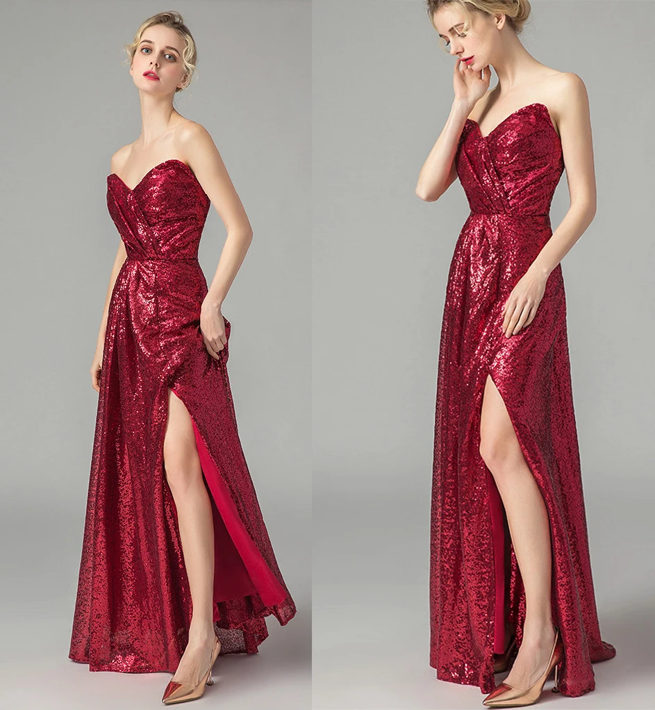 Hot Selling Red Sexy Slit Sequin Slim Banquet Long Bridal Wedding Ball Gown Evening Dress