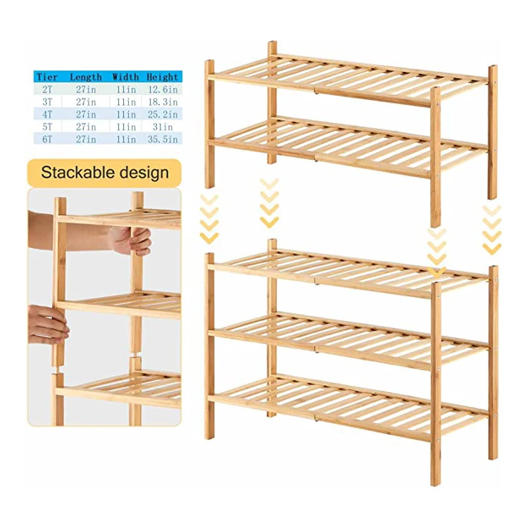 3 Tier Bamboo Shoe Racks Stackable Heavy Duty Multifunctional Free Standing Simple Home Shoes Rack