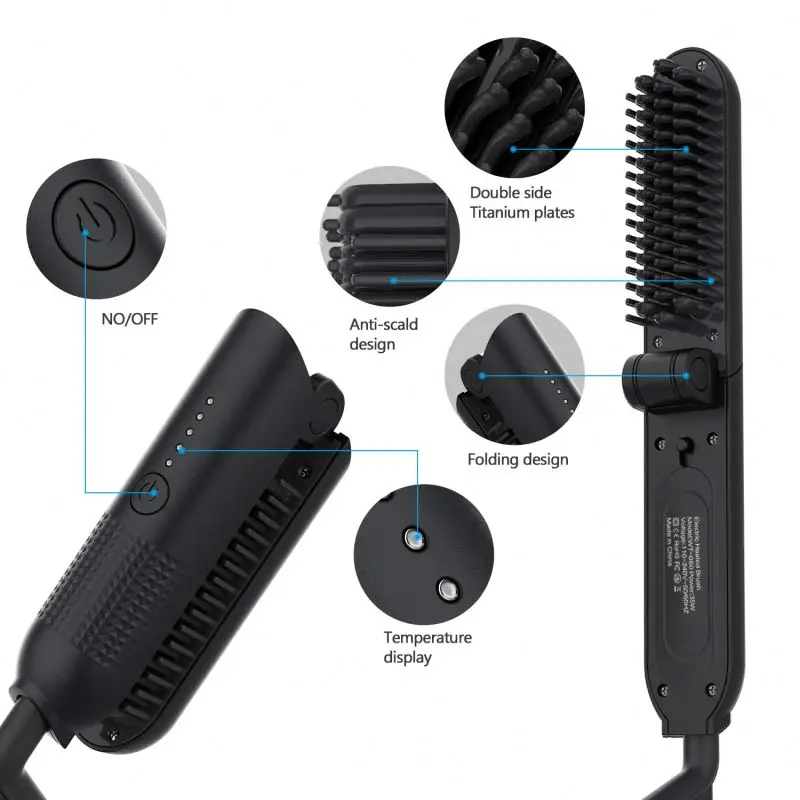 Foldable Electric Beard Straightening Men Quick Styler Oem Foldable Beard Comb Heated Brush Kit Hair Straightener