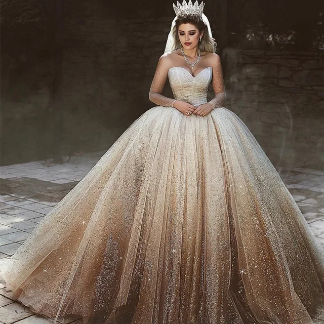 wholesale plus size  gold lace sequined luxury  vestidos de novia  robe de mariage  crystal wedding dress real sample  for bride