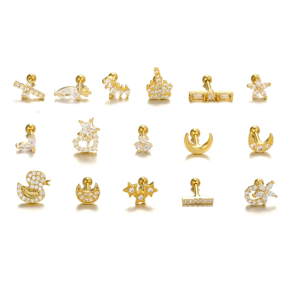 New Piercing Jewelry Creative Earrings Gold Zircon Fashion Ear Bone Screws Moon Star Duck Carrot Small Earring Studs For Women
