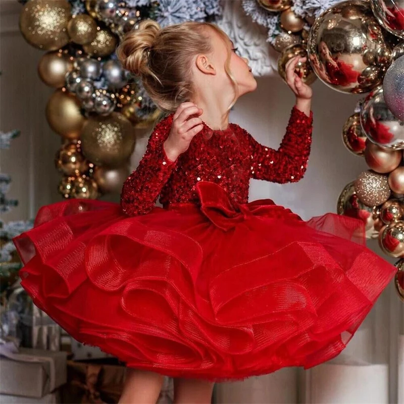 Baby Girls Birthday Party Prom Gown Long Sleeve Sequin Princess Christmas Puffy Dresses Kids Glitter Christmas Evening Dresses