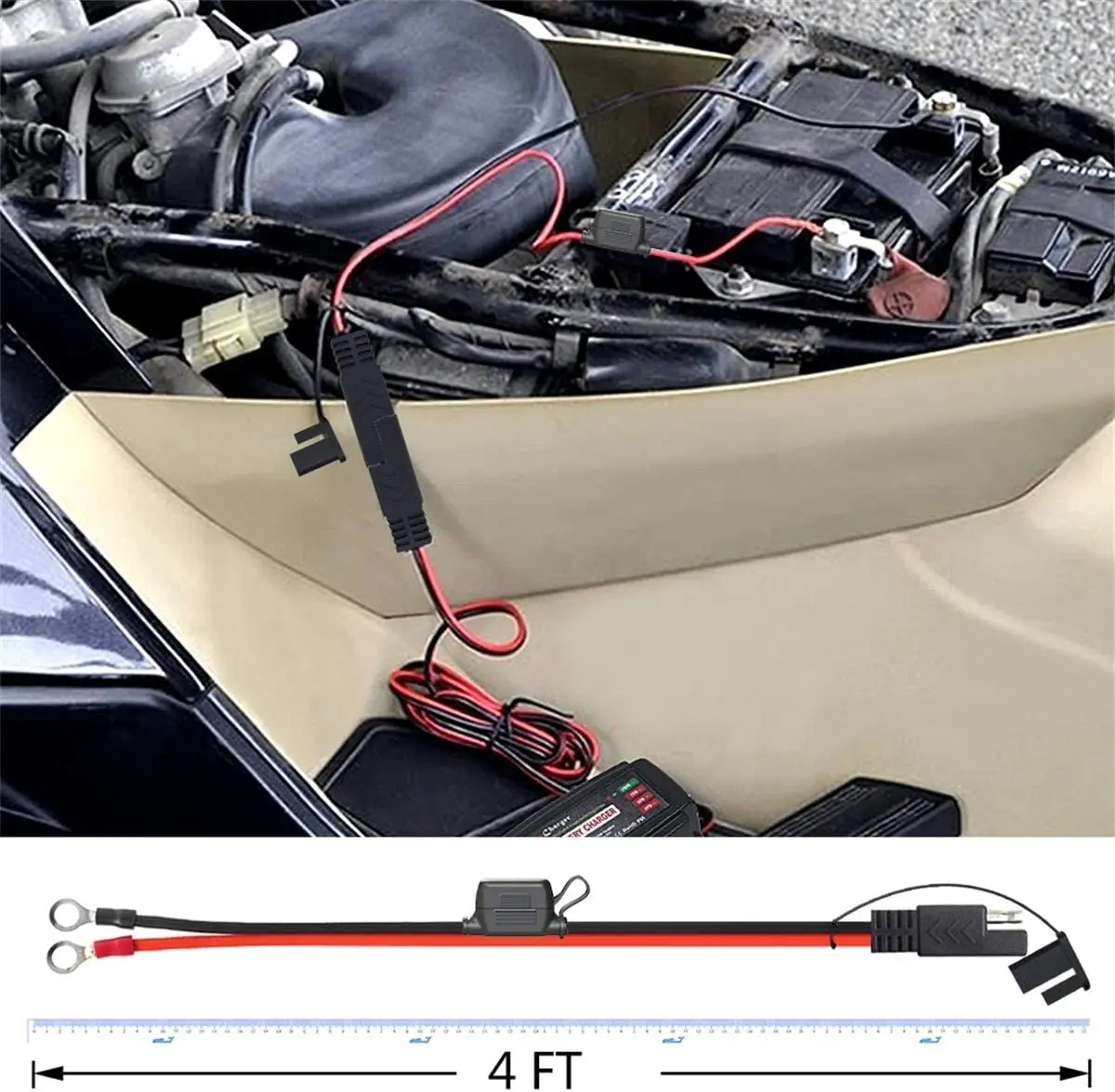 Ring Terminal Eyelet SAE Battery Extension Cable with 2FT 16AWG 10A Protection Fuse SAE Connector for Motorcycle Cars