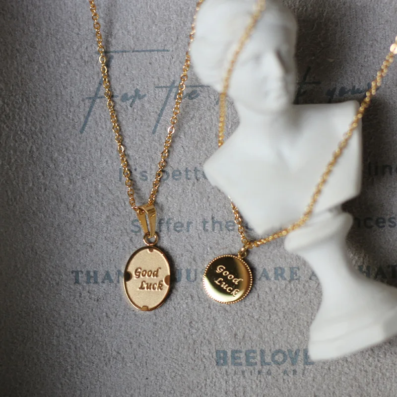 
Hot Amzon Stylish Simple 18k Gold Plated 316L Titanium Steel GOOD LUCK Letters Coin Necklace For Women And Girls 