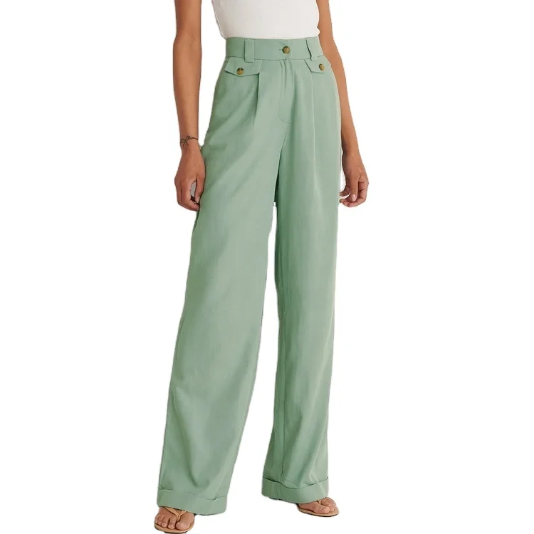 OEM Design Flare Trousers New In Custom High Waist Pockets Casual Street Wear Polyester Wide Leg Pants For Women