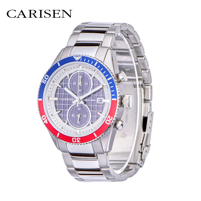 Men Solar Watch Wholesale Men Fashion Chrono Quartz Watches Solar Power Stainless Steel Wristwatch