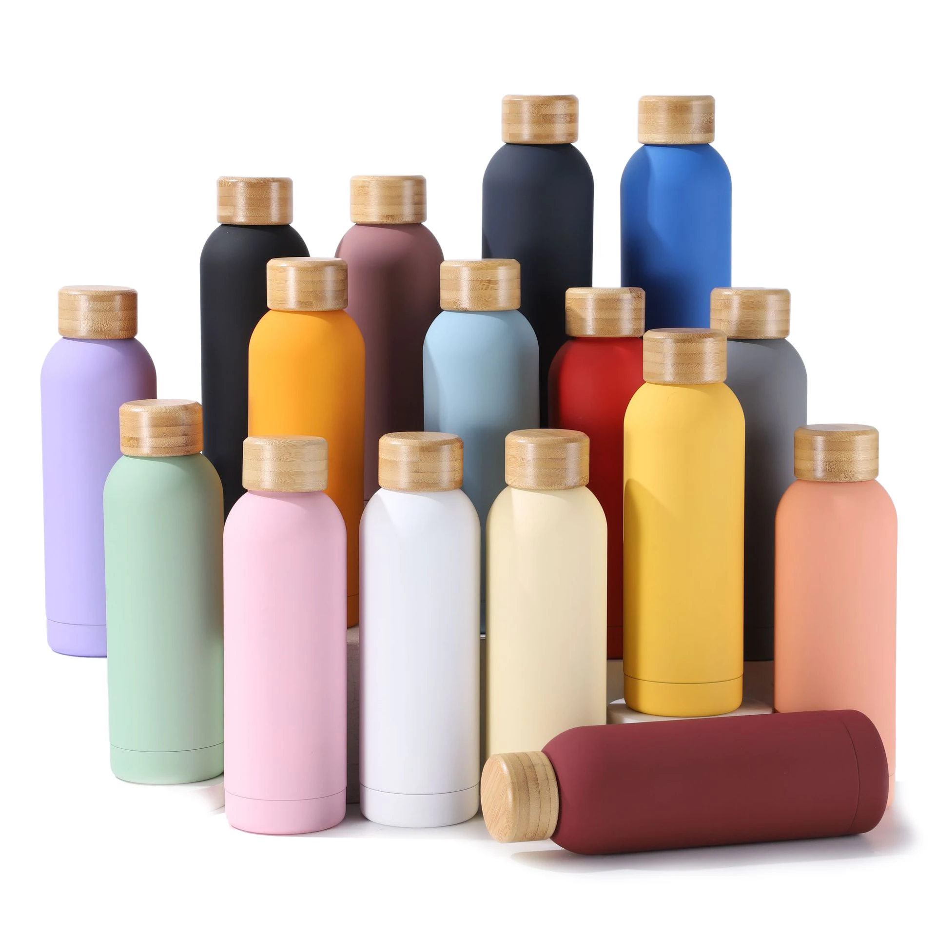 Insulated Stainless Steel Metal Thermal Vacuum Flask Bamboo Lid Cap 500ml Thermos Water Bottle Custom Double Wall 17oz