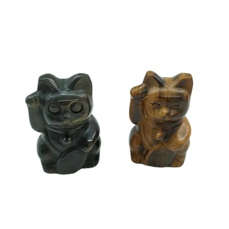 Exquisite Animal Carvings Natural Golden Obsidian Tiger Eye Stone 6cm Crystal Fortune Cat for Shop Decoration