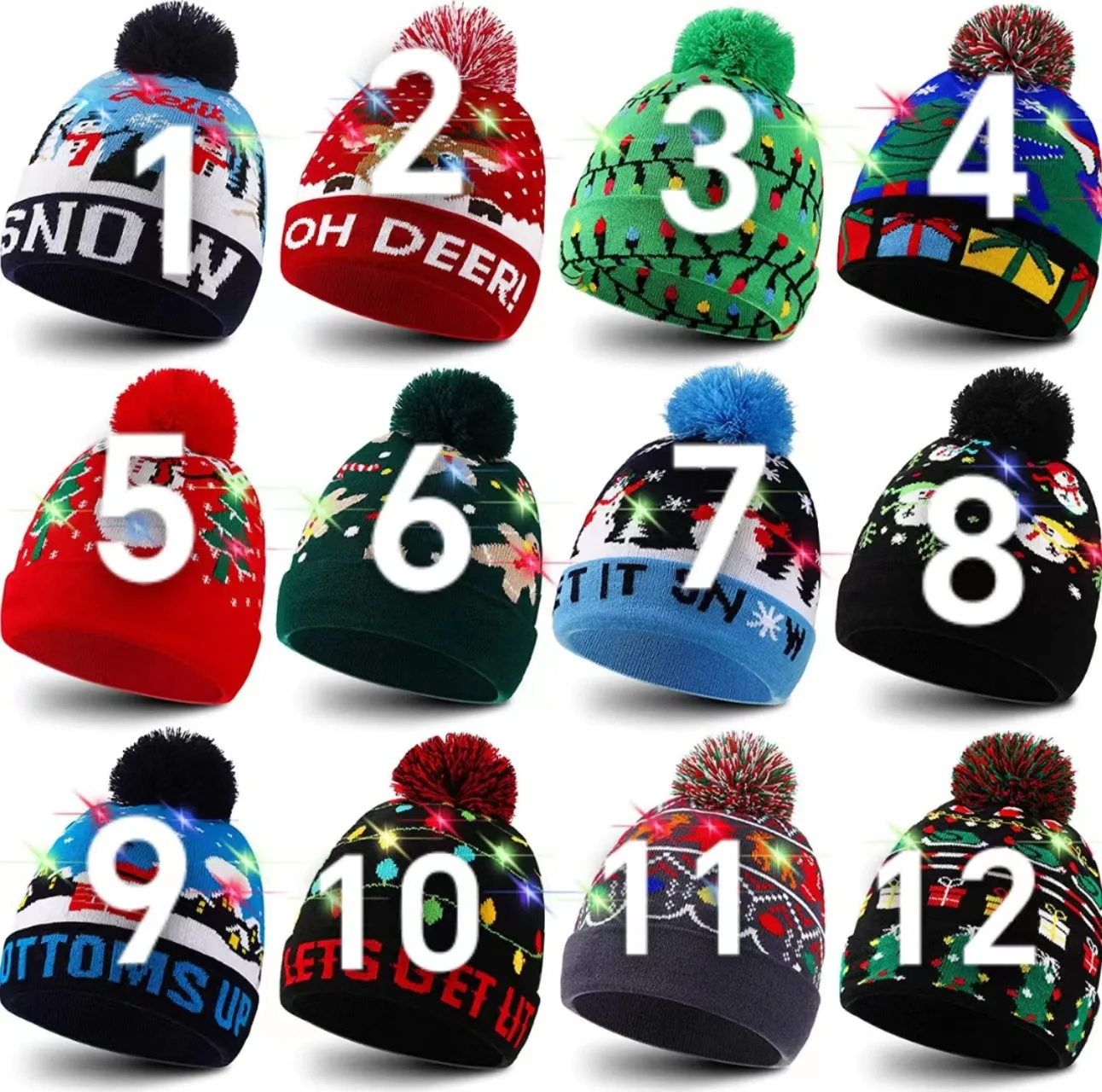 High Quality Winter Custom Christmas Caps Animal With Led Jacquard Beanie Kids Pom Pom Knitted Christmas Beanie Hat