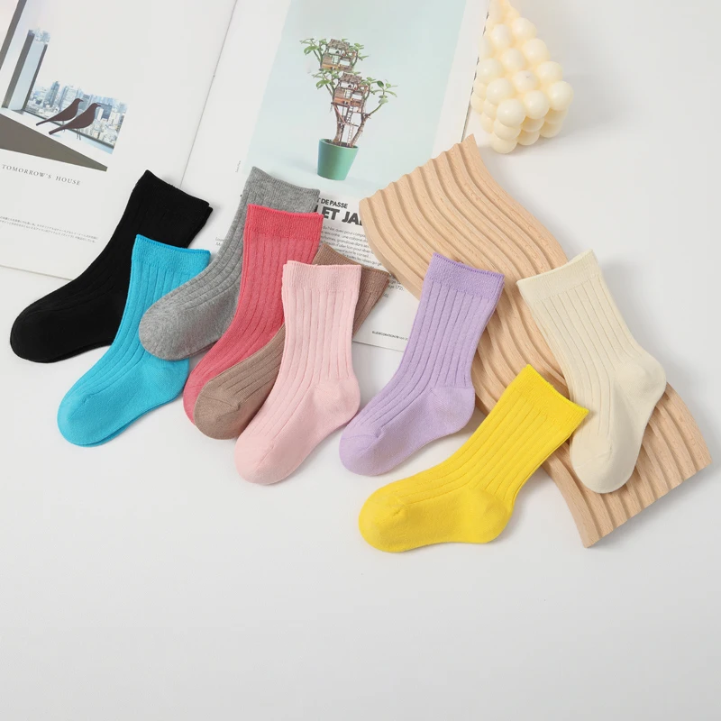 Factory Direct Sale Fashion Cotton Knitted Pure Color Baby Socks For Children