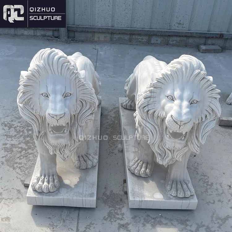Large Size Outdoor Hand Carving Animal White Marble Sitting Lion Stone Statue Sculpture for Entrance