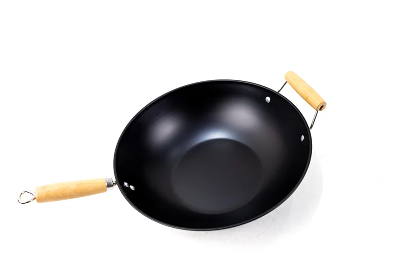 HT Chinese Hand Hammered Non Stick Red Green Carbon Steel Round Bottom wok fry pan