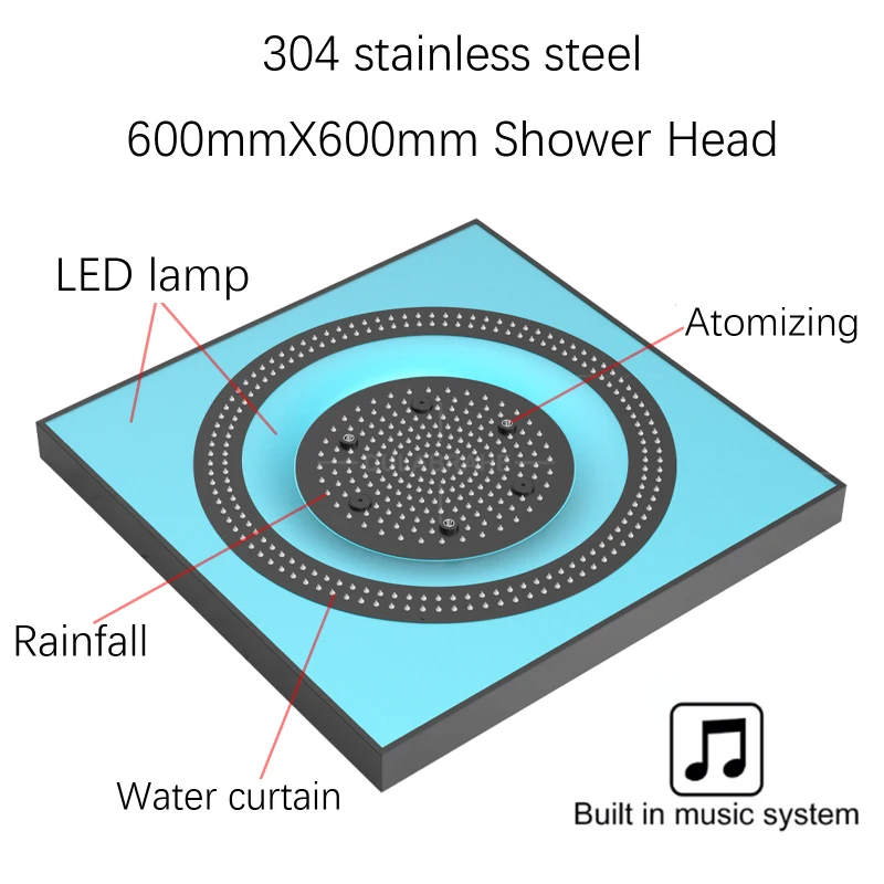 Music Led Shower Head 24 Inch Ceiling Embedded Rain Mist Cold and Hot Digital Display  Led Shower Set System