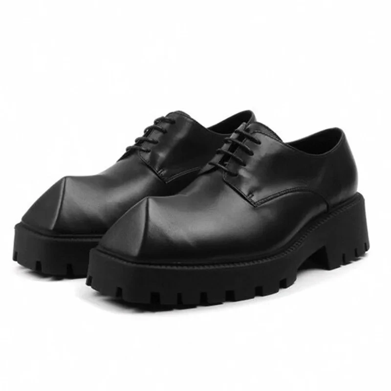 Xinzirain Custom Size 35-45 Thick Bottom Leather Fashion Round Strange Toe Black Fur Chunky Derby Shoes Men