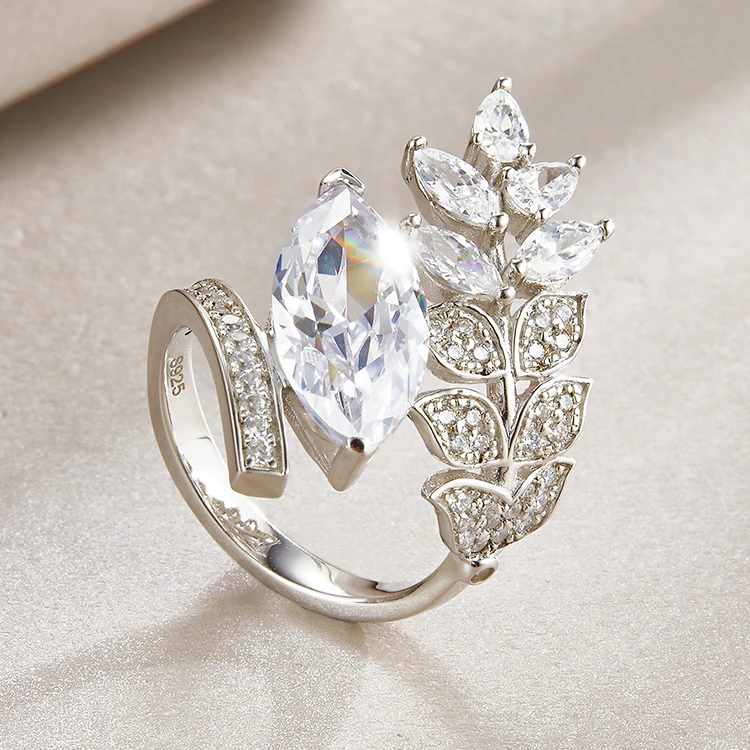 Luxury 925 Sterling Silver  Leaf Rings Jewelry Women Cubic Zirconia Stone Ring