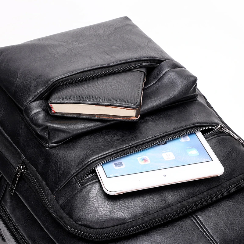 new style Fashion Man PU brown Leather Waterproof bag woman College casual laptop backpack With USB