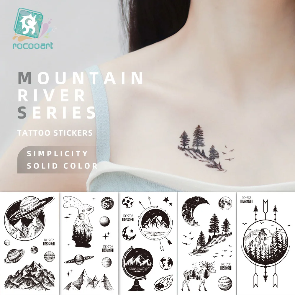 105x60mm Popular Rocooart Women Girls Temporary Makeup Tattoos Mountain River Crown Tattoo Designs Black Small Temporary Tattoo