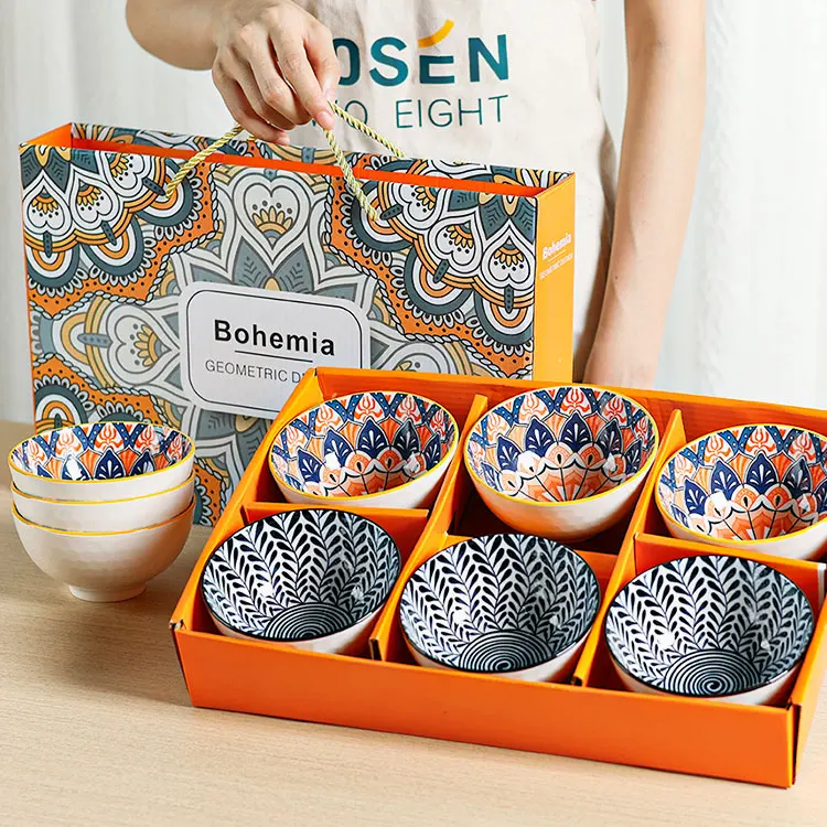Wholesale Custom Bohemian Kitchen Ceramic Rice Bowls Set Dinnerware Household Gift Set Porcelain Dinner Set Tableware