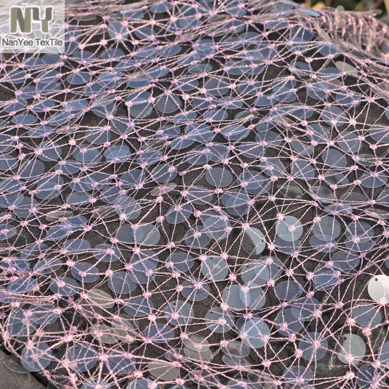 Nanyee Textile Pink Lurex Spider Net Starburst Embroidery Mesh 18MM Transparent Sequins