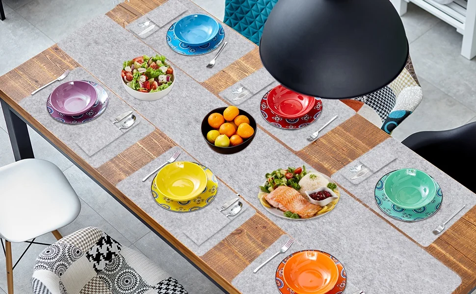 Light Grey Felt Table Runner and Placemat Set with Coasters and Cutlery Bags for Home Kitchen Restaurant Hotel Dining Table