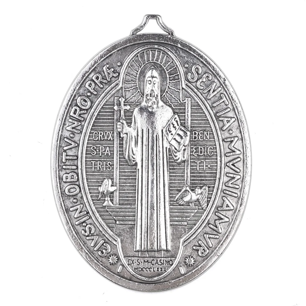 Catholic St Benedict Alloy Medal for Necklace Making 82x59mm Religious Metal Pendant