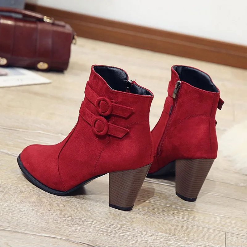 35-43 Suede short tube thick heel fashion boots Side zipper plush middle heel boots Pointed buckle fashion boots