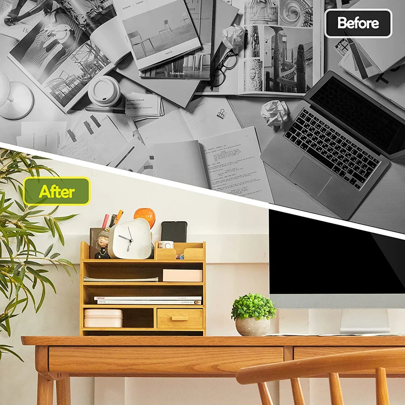 4 Tier Bamboo Desk Organizer with Drawers for Office Table Top Shelf