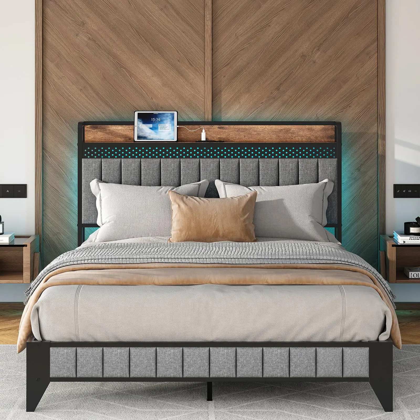Metallic Double Twin Queen Size Bed Frame with Wood Fabric Headboard and Metal Footboard for Adult