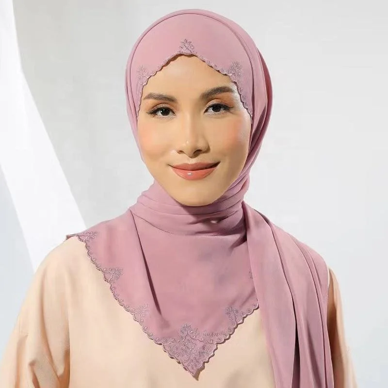 Custom  Premium  chiffon Embroidered Edge For Women Hijab Shawls Malaysian  Scarves Chiffon Sulam shawl