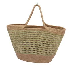 Camel color gold thread hemp gold braid handbag cotton rope storage basket casual fashion women beach bag