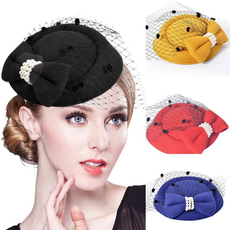 Fashion women Cocktail & Dot mesh fascinator hat Ladies Party Hat with bow Formal church hat Elegant French pearl Headwear
