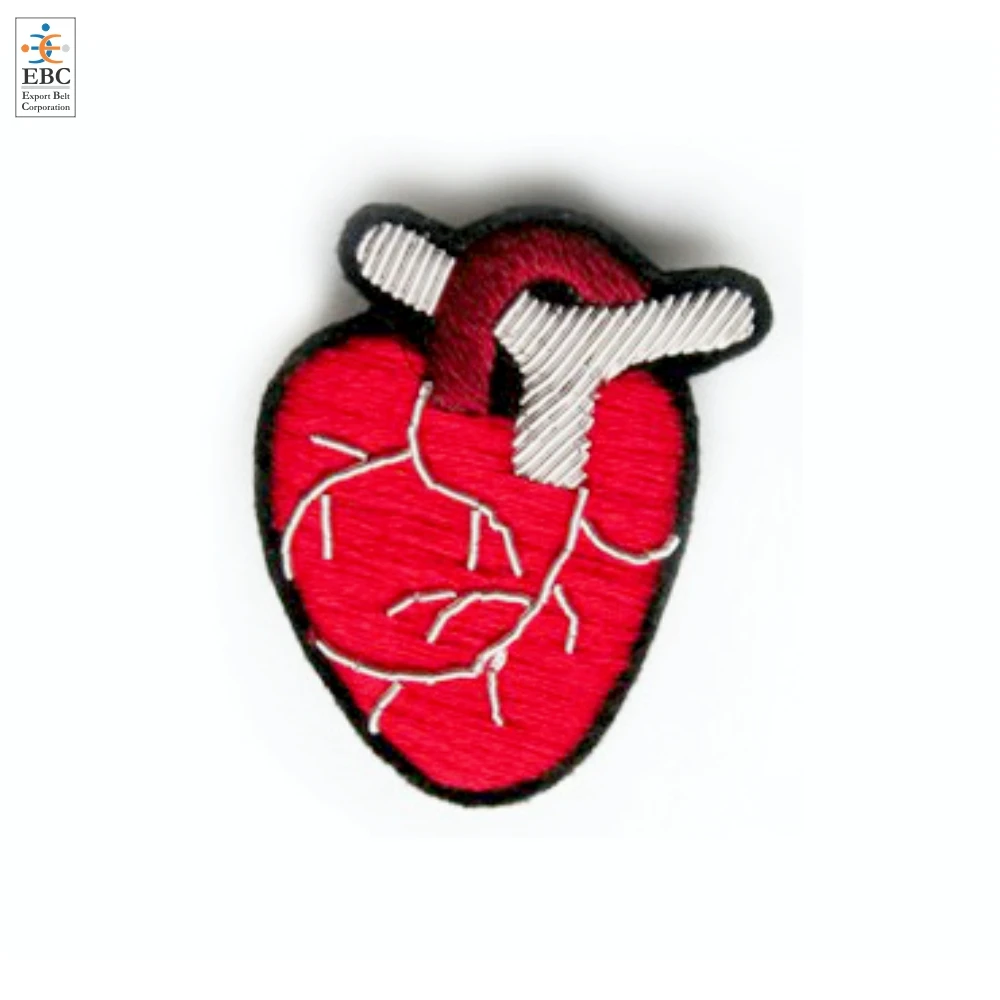 OEM Fashion Bullion Wire Embroidery Heart Brooch in Shiny Gold White Red Purple or Customized Colors Designs and Sizes Blazer