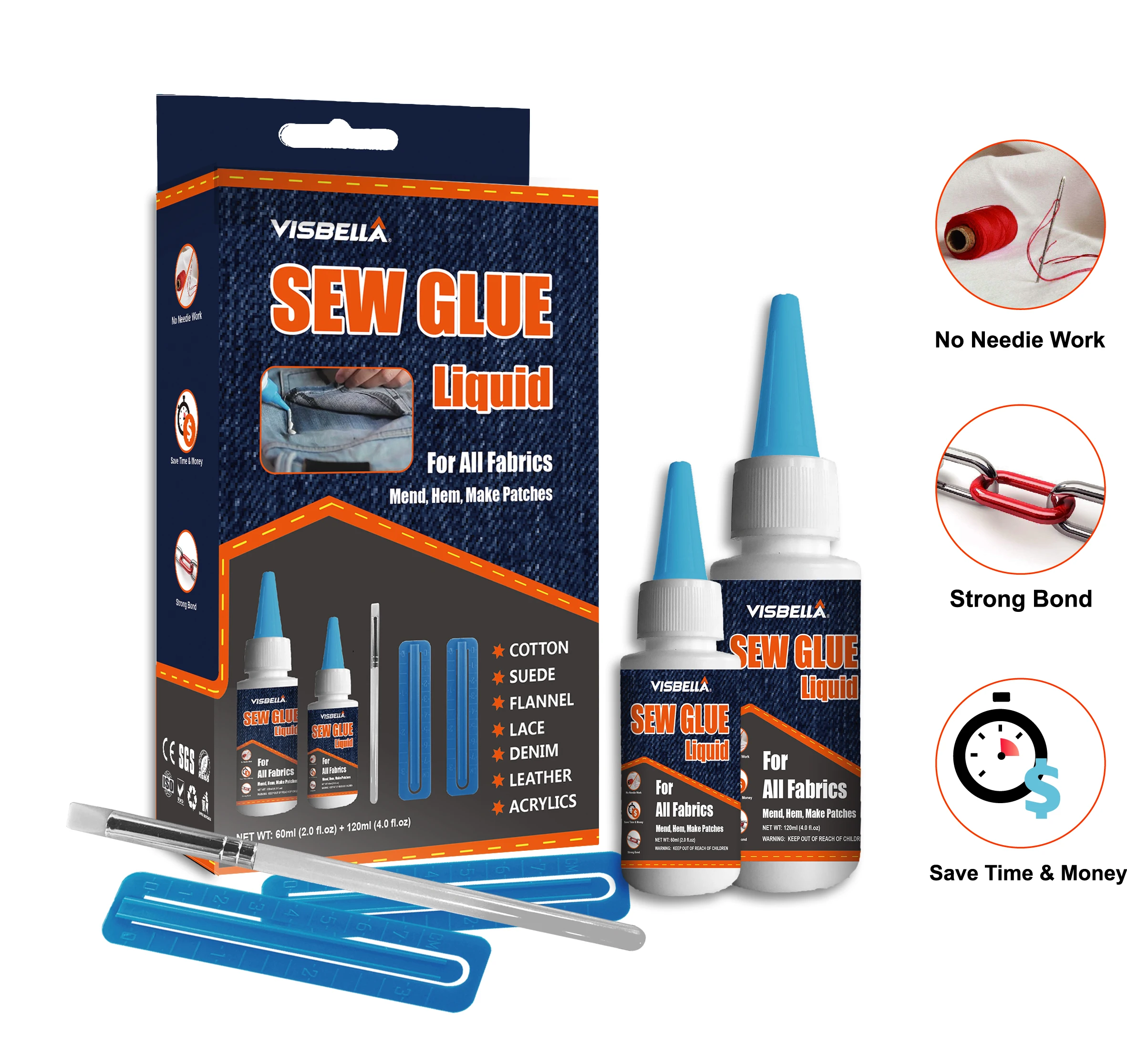 Visbella 60ml+120ml Quick Repair Sew Glue For Polyester Fabric