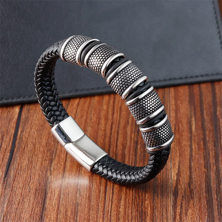 Fashion Men Gold Plated Stainless Steel Beaded Bracelets Leather Band Strap Wristband Bracelet Custom Leather Bracelet