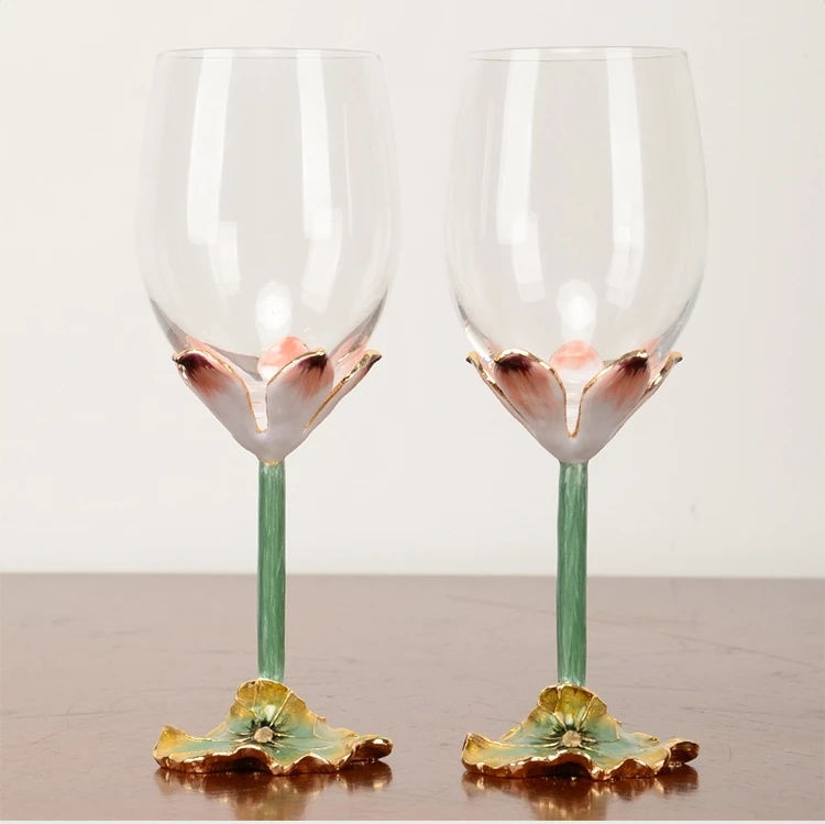 Lotus Enamel Crystal Glass Goblet set of 4 Handmade Flower Wine Glasses for Wine Tasting Christmas Gift copa de vino copa