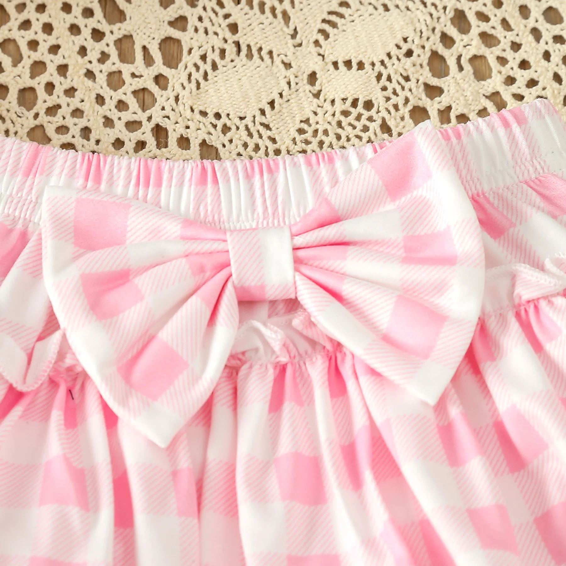 Latest Baby Set Fashion Casual Baby Girls Short sleeved Embroidered Letter Romper Pink Plaid Ruffle Shorts+Headband Set