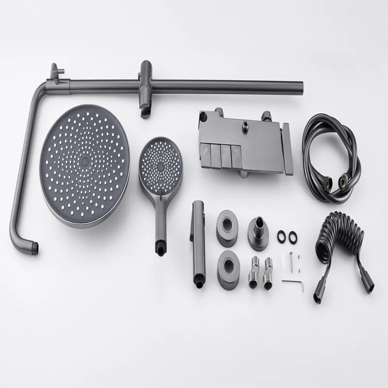 2022 New Designer Exposed Gray Color 4 Push Button Piano Key Shower Faucet Mixer Set With 10 Inch Rainfall Shower Head