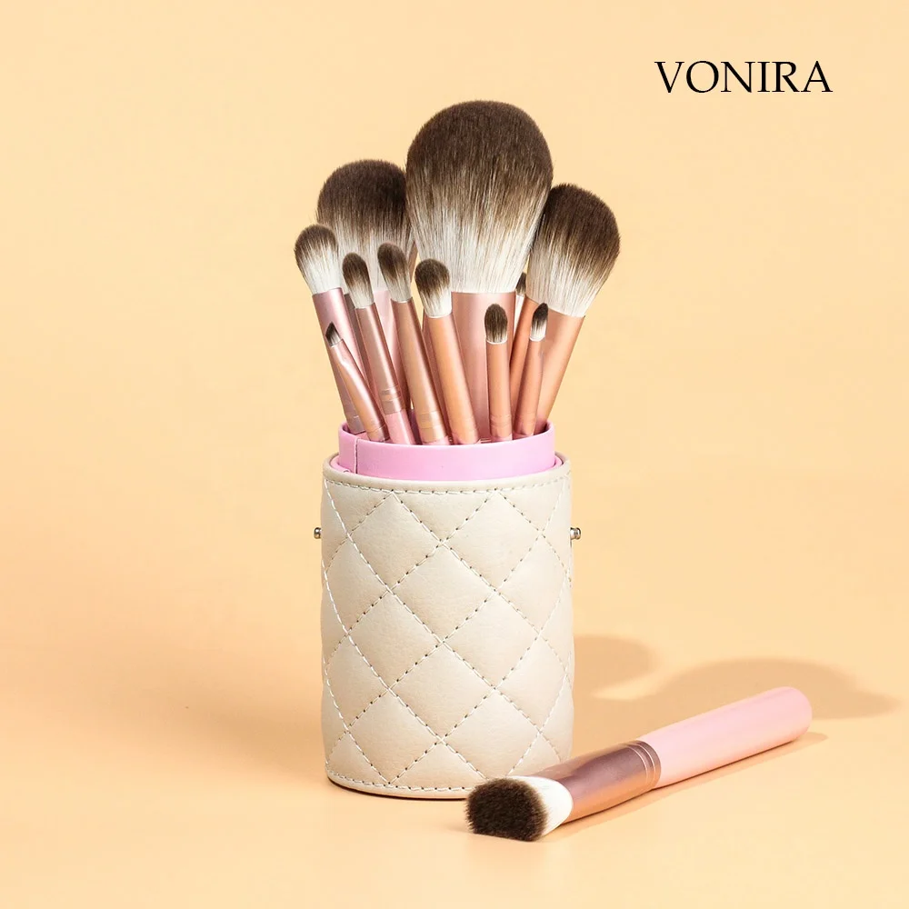 Private Label Hot Selling Cosmetic Brush Tool 12 Pcs Synthetic Makeup Brushes Pink Color Wood Handle Eyeshadow Makeup Brush Set