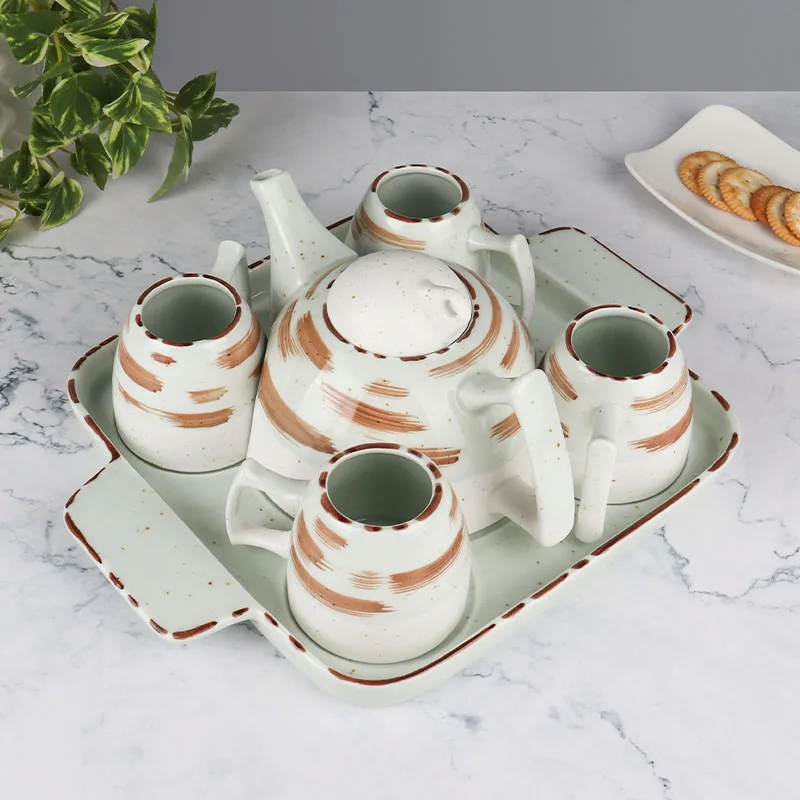 Restaurant Hotel Ceramic Tea Pot Cups Set 6Pcs Porcelain Coffee Tea Set with Tray