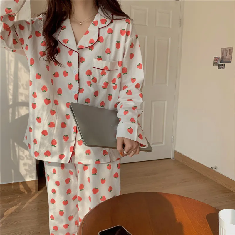 Ins Style Sweet Girl Long Sleeve Pajamas Summer 2 Pcs Sleepwear Suit With Lot Of Printed Patterns