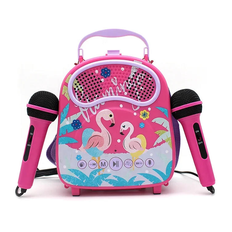 OEM and EXW Girls karaoke singing machine for children portable pink flamingo kids karaoke machine speaker with two microphones