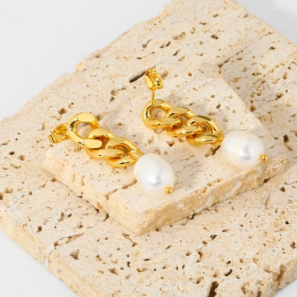 Dina Vintage Waterproof Women 18K Gold Plated Chain Earrings Stainless Steel Dainty Freshwater Pearl Drop Statement Earrings