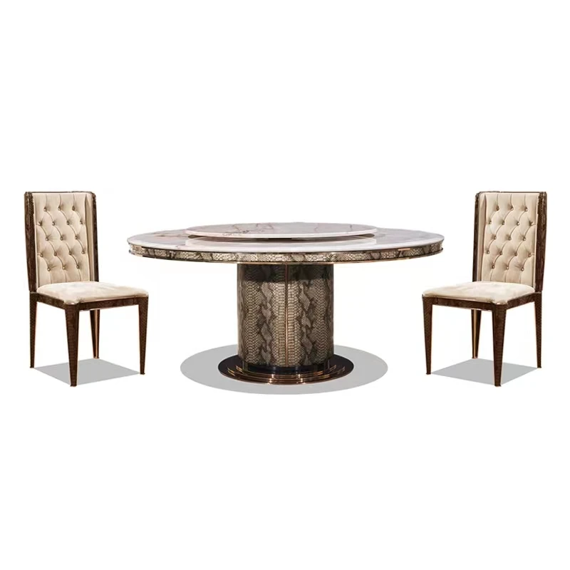 Modern Design Natural Marble & Stainless Steel Crocodile Pattern Leather Round Dining Table