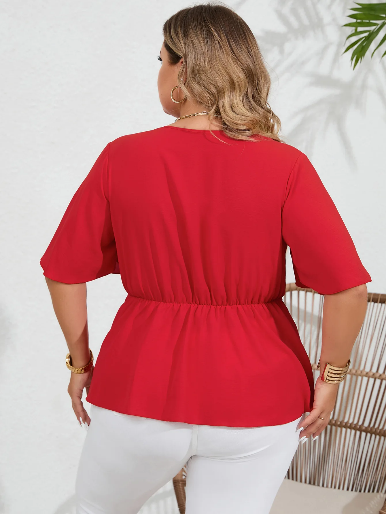 ZIYA A12L79 Plus Size V-neck Single Breasted Tie Up Women Short Sleeve Blouse