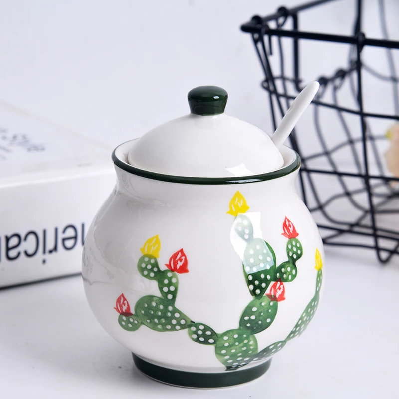 Wholesale cheap cactus pattern glazed ceramic candy sugar pot creamer pots with spoon