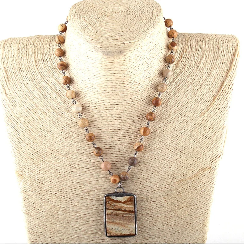 Fashion Women Ethnic jewellery necklace Natural Stone Black Rosary Chain Amazonite Stone Rectangle Round Pendant Choker Necklace