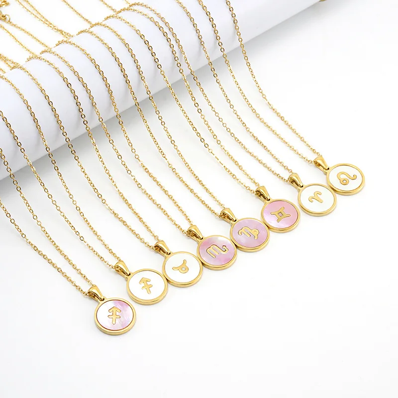 18K Gold Plated Stainless Steel 12 Horoscope Sign Coin Pendant Fashion Round Zodiac Necklace Jewelry For Couple