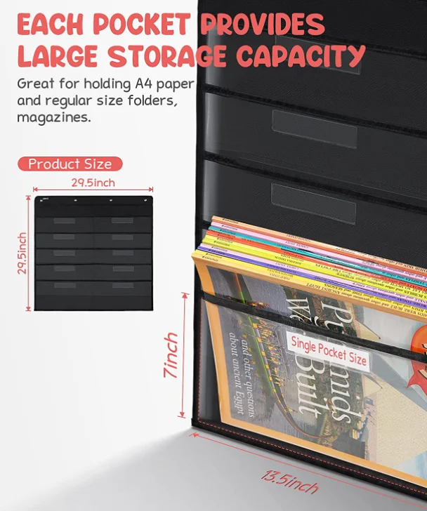 Hanging Wall File Organizer for Office Classroom Clear Storage Pocket Chart for Files Folder Magazines Wall Organizers